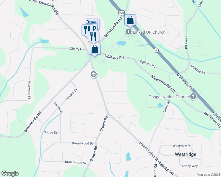 map of restaurants, bars, coffee shops, grocery stores, and more near 4880 Alcan Road in Powder Springs