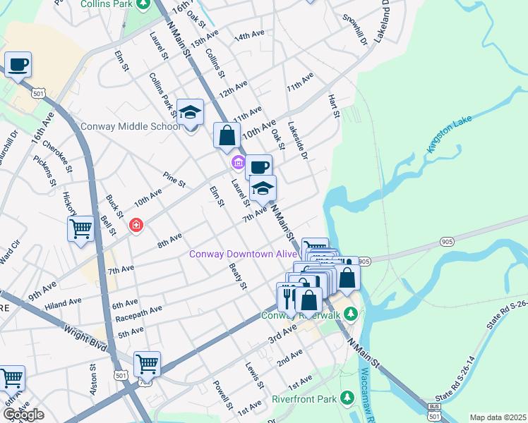 map of restaurants, bars, coffee shops, grocery stores, and more near in Conway
