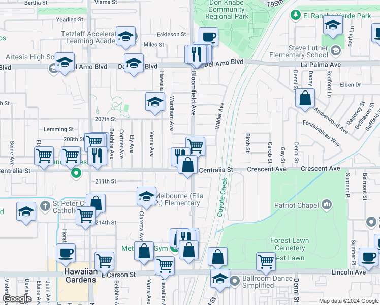 map of restaurants, bars, coffee shops, grocery stores, and more near 20909 Bloomfield Avenue in Lakewood