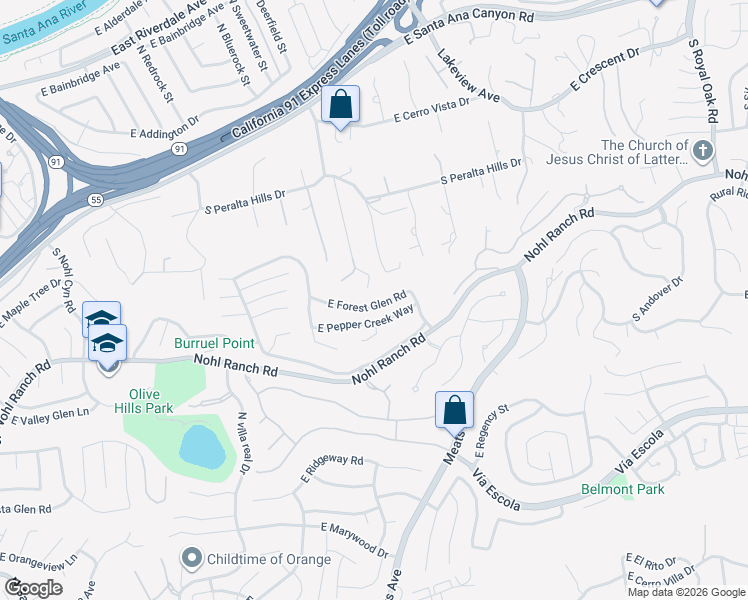 map of restaurants, bars, coffee shops, grocery stores, and more near 4465 East Forest Glen Road in Anaheim