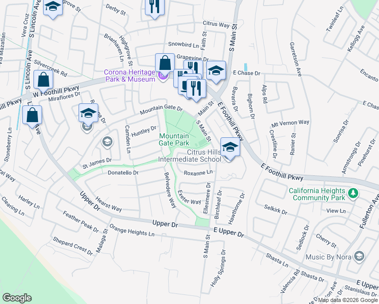map of restaurants, bars, coffee shops, grocery stores, and more near 295 Lydia Lane in Corona