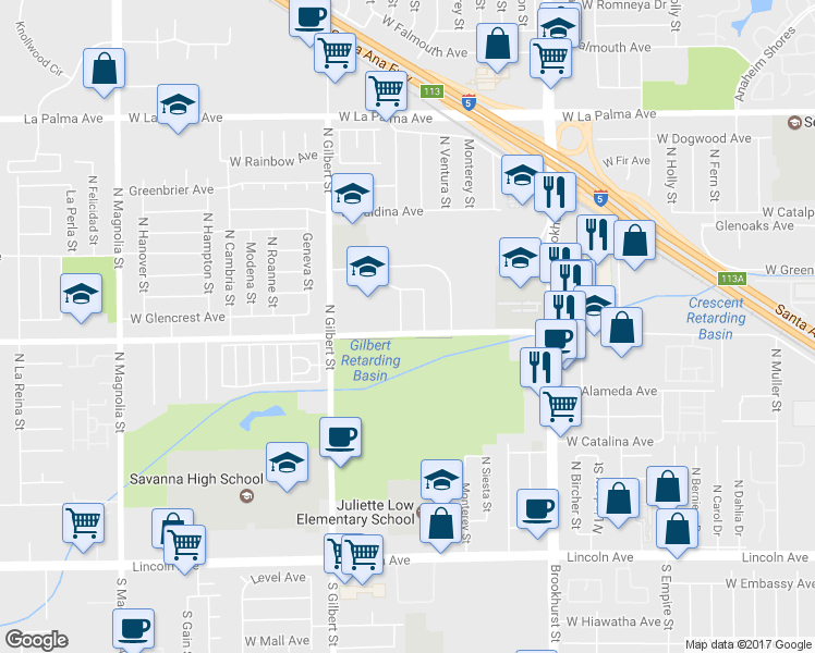 map of restaurants, bars, coffee shops, grocery stores, and more near 604 North Moraga Street in Anaheim