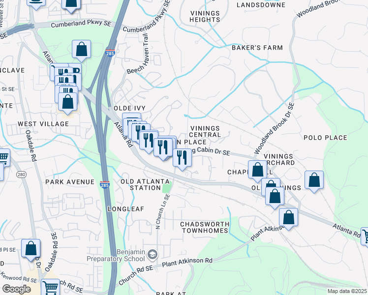 map of restaurants, bars, coffee shops, grocery stores, and more near 103 Cameron Circle in Smyrna