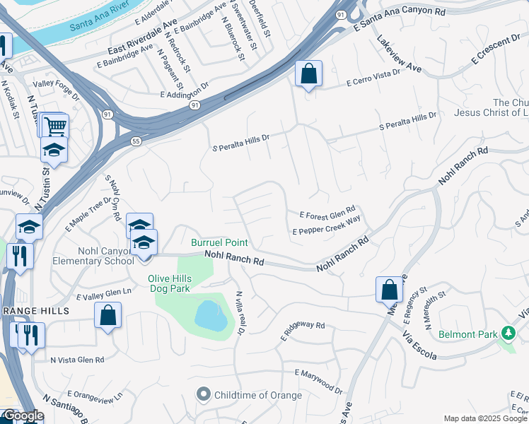 map of restaurants, bars, coffee shops, grocery stores, and more near 4419 East Orange Creek Lane in Anaheim