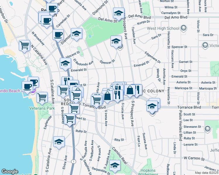 map of restaurants, bars, coffee shops, grocery stores, and more near 208 South Irena Avenue in Redondo Beach