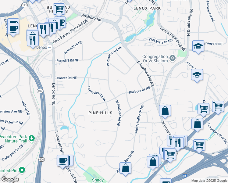 map of restaurants, bars, coffee shops, grocery stores, and more near 3117 West Roxboro Road Northeast in Atlanta