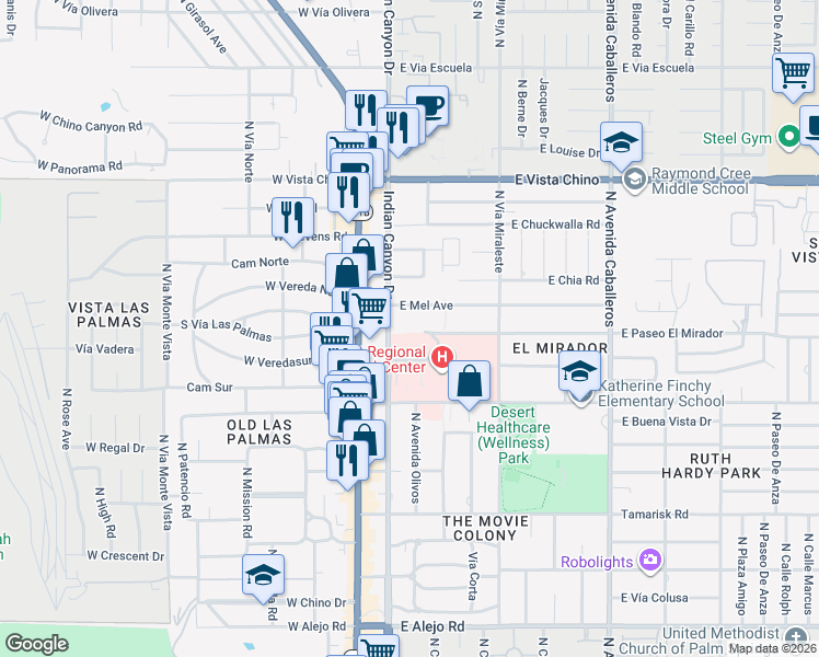 map of restaurants, bars, coffee shops, grocery stores, and more near 291 East Mel Avenue in Palm Springs