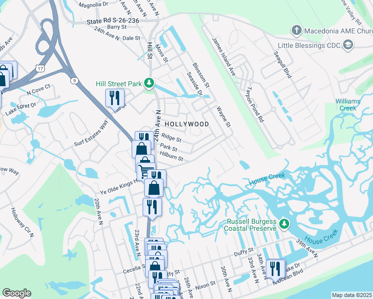 map of restaurants, bars, coffee shops, grocery stores, and more near 2417 Park Street in North Myrtle Beach