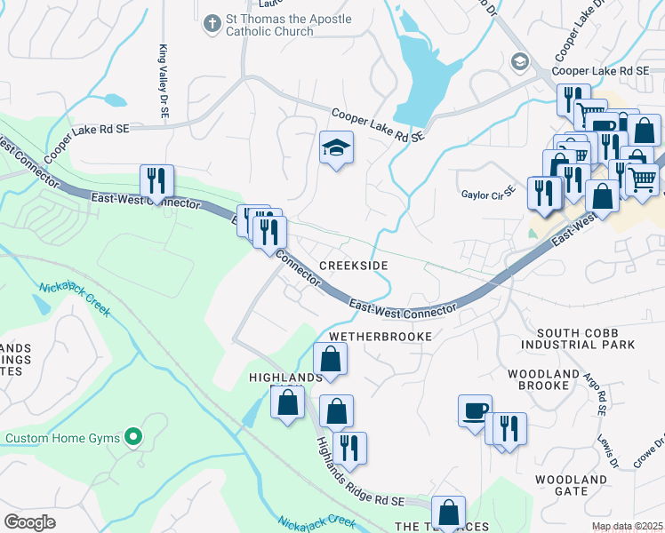 map of restaurants, bars, coffee shops, grocery stores, and more near 416 Creekview Trail Southeast in Smyrna
