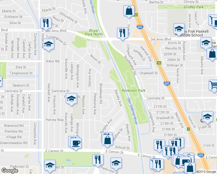 map of restaurants, bars, coffee shops, grocery stores, and more near 6931 Seaborn St in Lakewood
