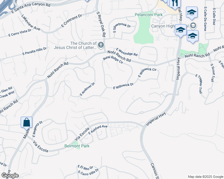 map of restaurants, bars, coffee shops, grocery stores, and more near 5344 East Willowick Drive in Anaheim