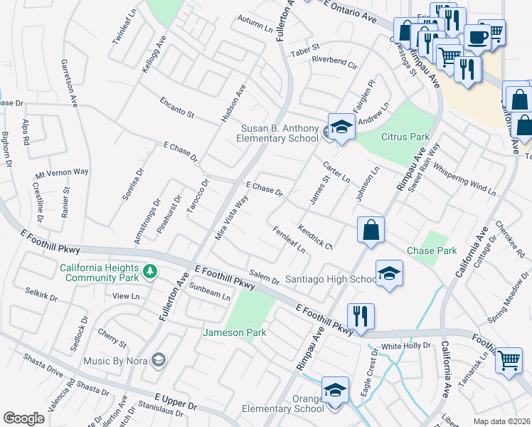 map of restaurants, bars, coffee shops, grocery stores, and more near 2968 Gilbert Avenue in Corona