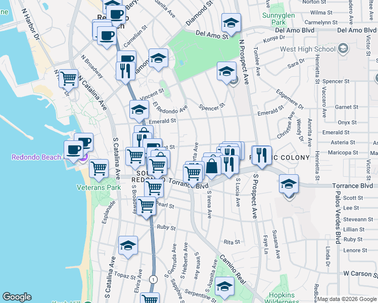 map of restaurants, bars, coffee shops, grocery stores, and more near 205 South Helberta Avenue in Redondo Beach
