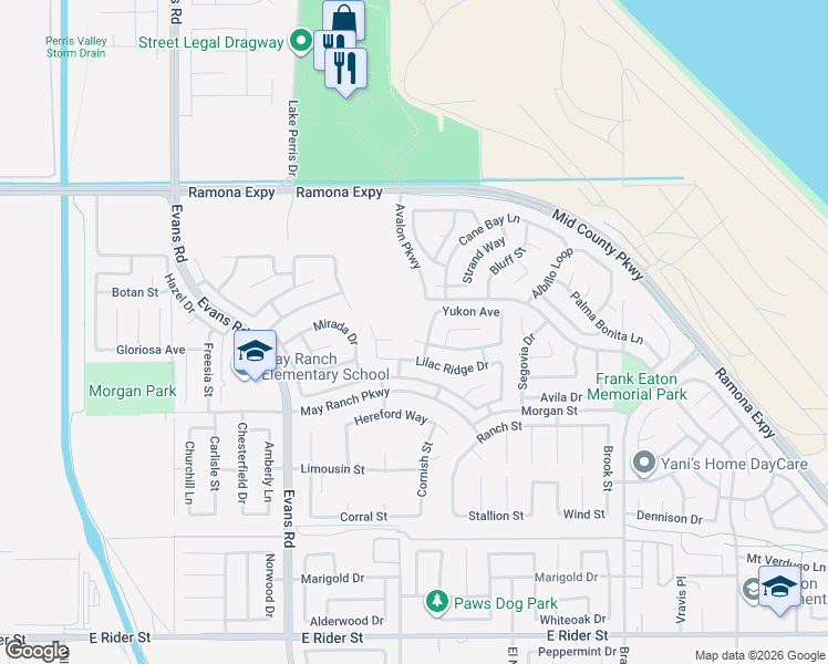 map of restaurants, bars, coffee shops, grocery stores, and more near 1210 Manderin Place in Perris