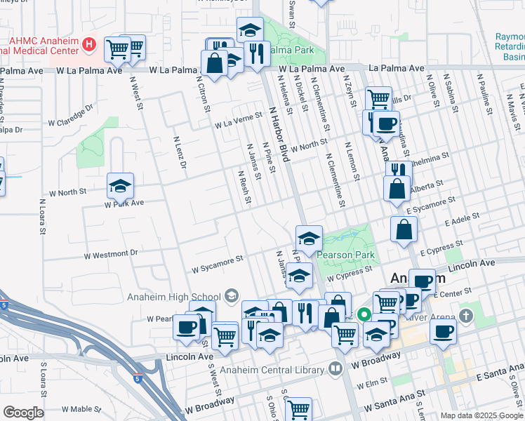 map of restaurants, bars, coffee shops, grocery stores, and more near 639 North Pine Way in Anaheim