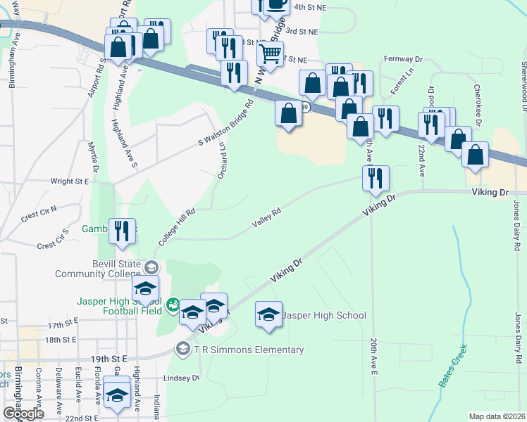 map of restaurants, bars, coffee shops, grocery stores, and more near 1500 Valley Road in Jasper