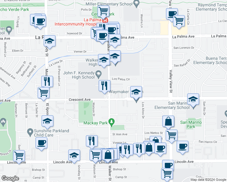 map of restaurants, bars, coffee shops, grocery stores, and more near 8410 Walker Street in La Palma