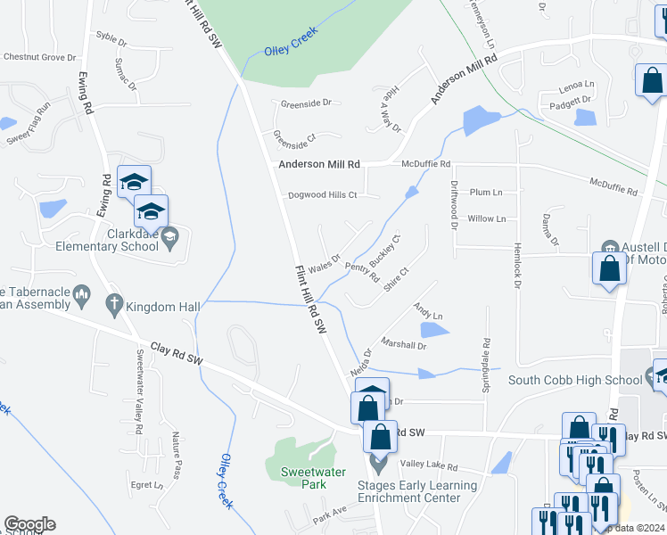 map of restaurants, bars, coffee shops, grocery stores, and more near 2415 Wales Drive in Austell