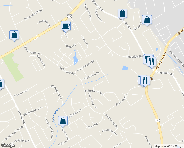 map of restaurants, bars, coffee shops, grocery stores, and more near 2529 Green Forest Court in Snellville