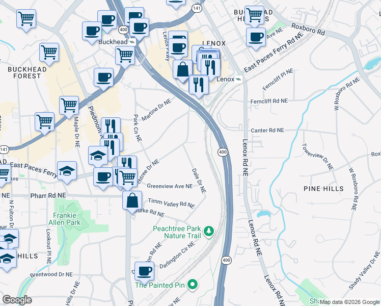 map of restaurants, bars, coffee shops, grocery stores, and more near 3107 Dale Drive Northeast in Atlanta