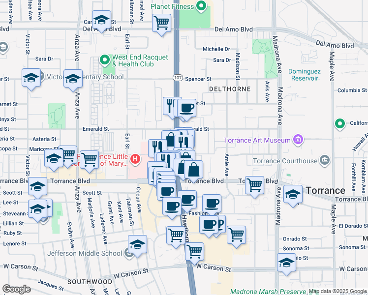 map of restaurants, bars, coffee shops, grocery stores, and more near 20912 Hawthorne Boulevard in Torrance
