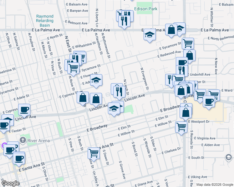 map of restaurants, bars, coffee shops, grocery stores, and more near 118 La Plaza in Anaheim