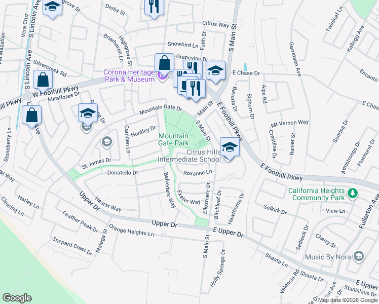 map of restaurants, bars, coffee shops, grocery stores, and more near 295 Lydia Lane in Corona