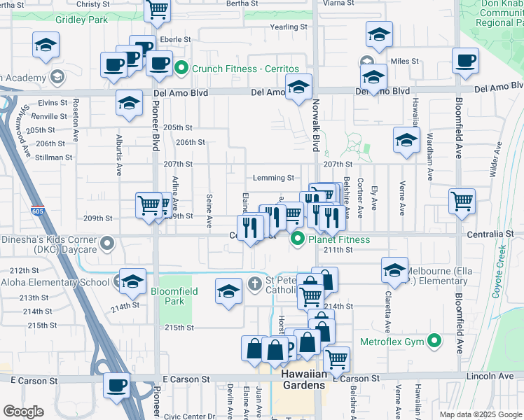 map of restaurants, bars, coffee shops, grocery stores, and more near 20834 Florcraft Avenue in Lakewood