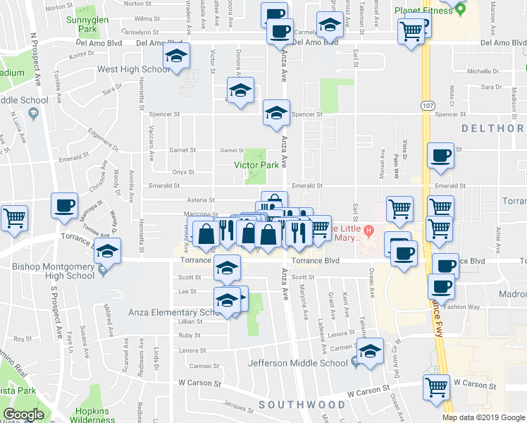 map of restaurants, bars, coffee shops, grocery stores, and more near 20920 Reynolds Drive in Torrance