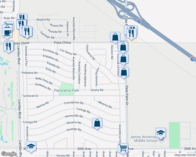 map of restaurants, bars, coffee shops, grocery stores, and more near 28620 Avenida Diosa in Cathedral City