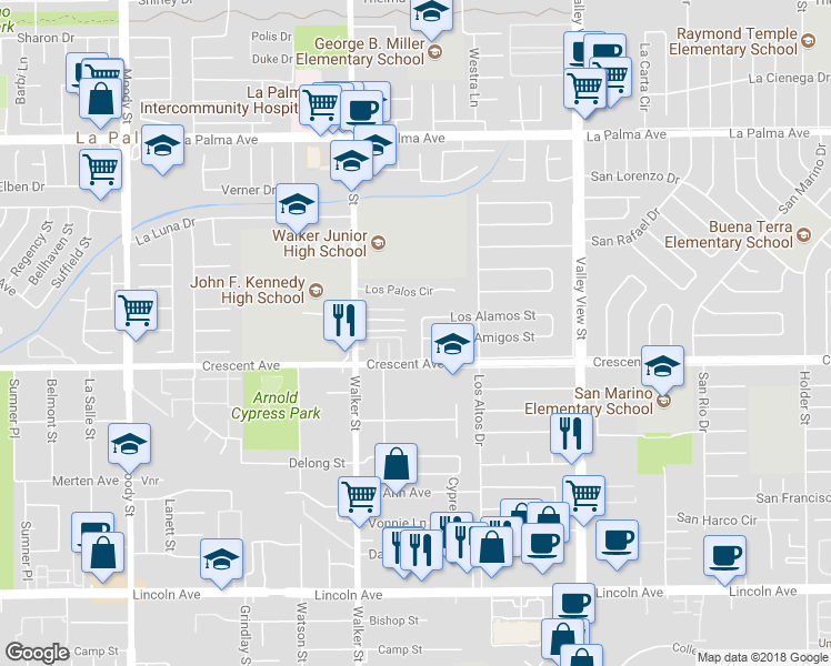 map of restaurants, bars, coffee shops, grocery stores, and more near 8431 Los Amores Street in Buena Park