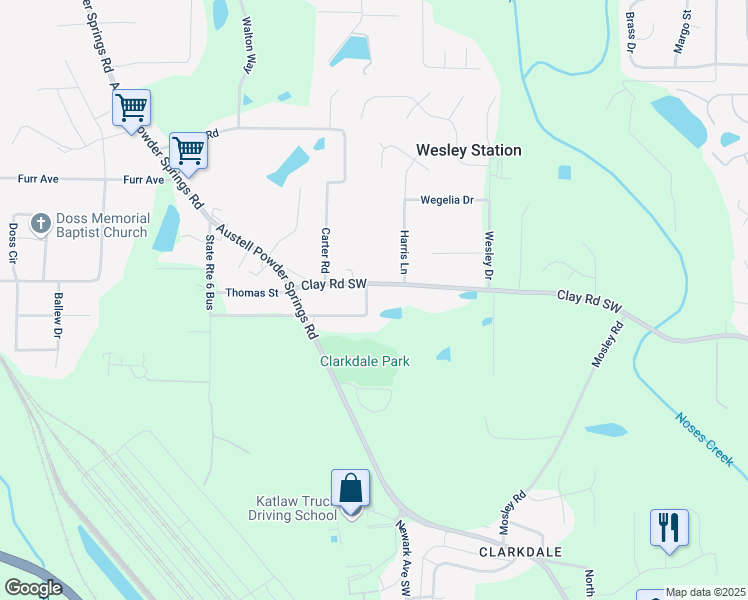 map of restaurants, bars, coffee shops, grocery stores, and more near 4691 Bo Hendrick Drive in Austell