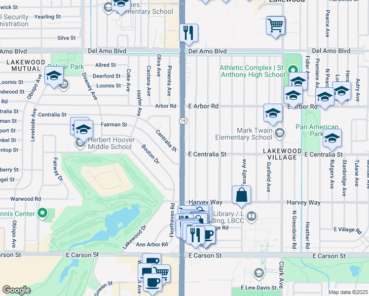 map of restaurants, bars, coffee shops, grocery stores, and more near 4510 North Lakewood Boulevard in Long Beach