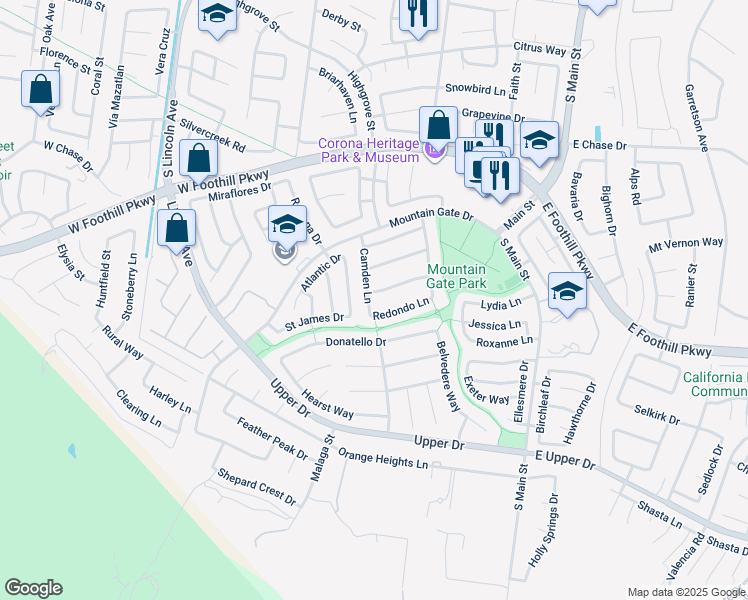 map of restaurants, bars, coffee shops, grocery stores, and more near 720 Bundy Way in Corona