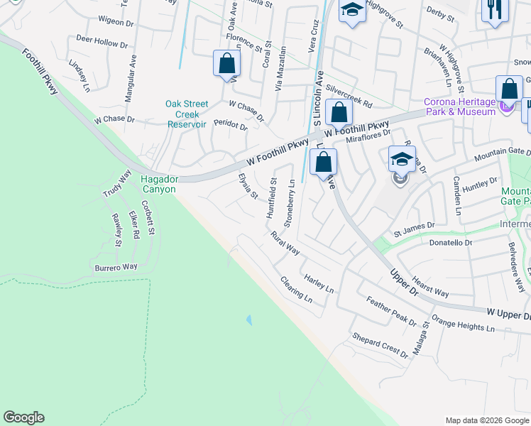 map of restaurants, bars, coffee shops, grocery stores, and more near 3276 Huntfield Street in Corona