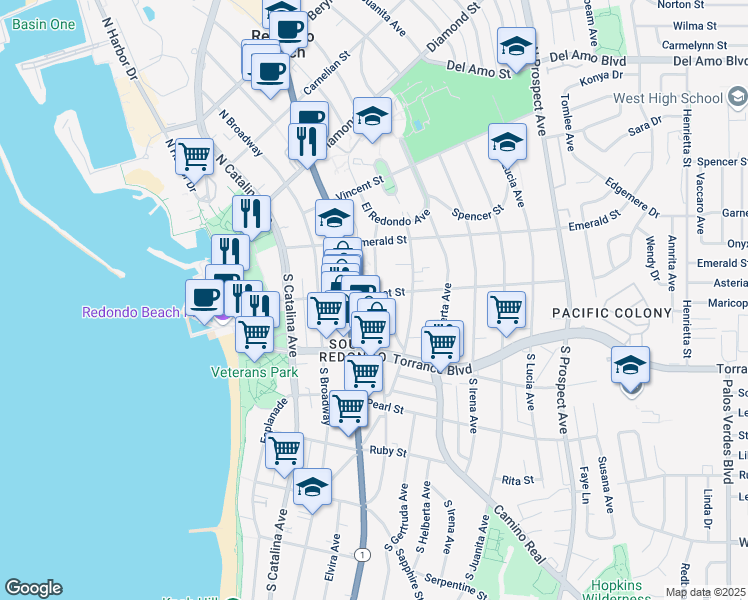 map of restaurants, bars, coffee shops, grocery stores, and more near 201 Camino Real in Redondo Beach