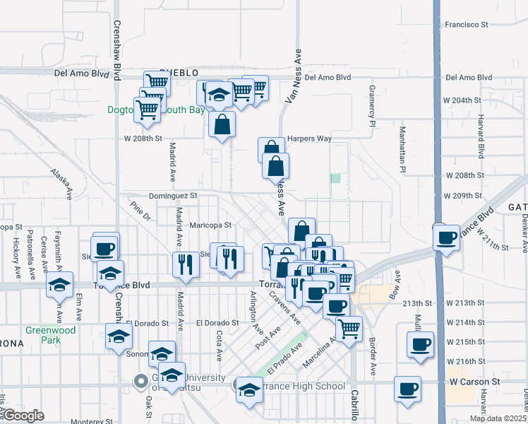 map of restaurants, bars, coffee shops, grocery stores, and more near 715 Border Avenue in Torrance