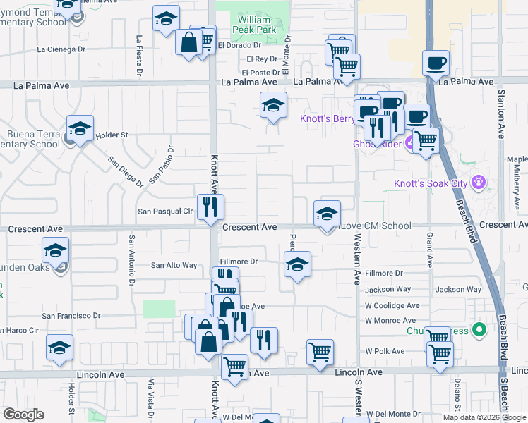 map of restaurants, bars, coffee shops, grocery stores, and more near 7175 Santa Teresa Circle in Buena Park