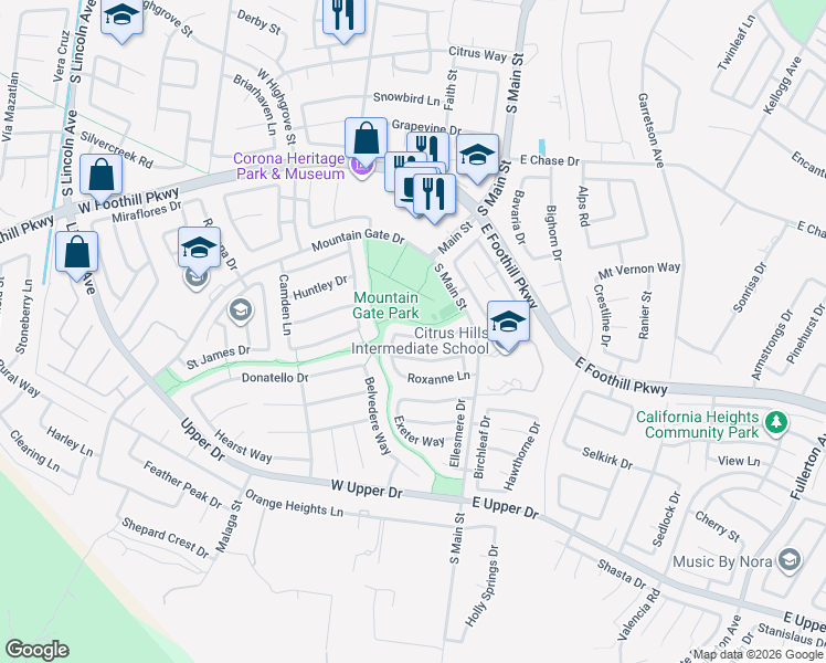 map of restaurants, bars, coffee shops, grocery stores, and more near 323 Lydia Lane in Corona