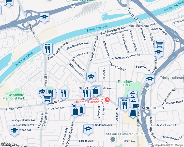 map of restaurants, bars, coffee shops, grocery stores, and more near 3038 North Magnolia Avenue in Orange