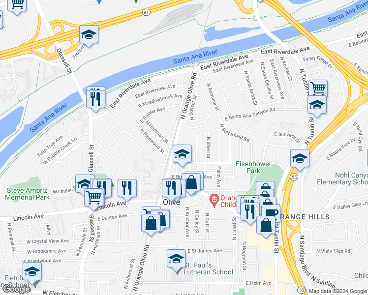 map of restaurants, bars, coffee shops, grocery stores, and more near 3038 North Magnolia Avenue in Orange