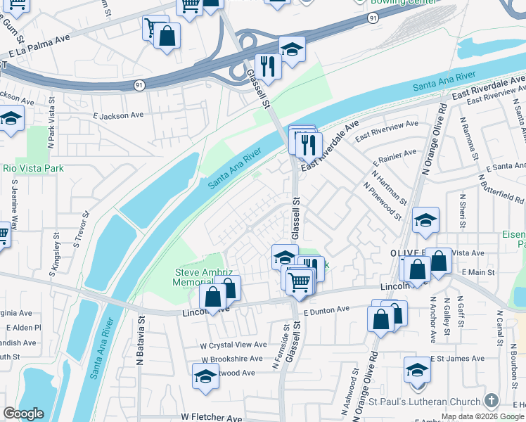 map of restaurants, bars, coffee shops, grocery stores, and more near 246 West Pebble Creek Lane in Orange