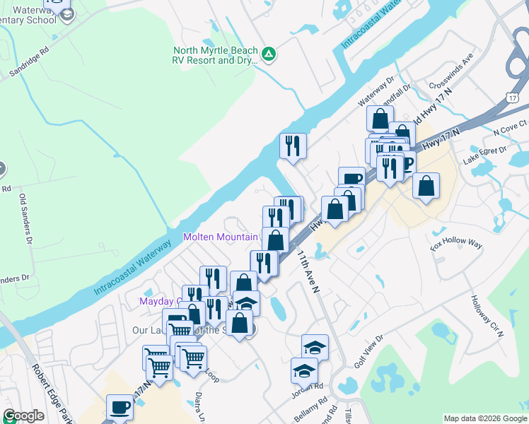 map of restaurants, bars, coffee shops, grocery stores, and more near 1105 Salt Windy Way in North Myrtle Beach