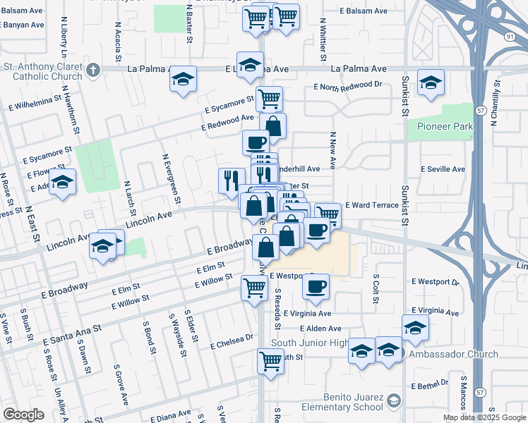 map of restaurants, bars, coffee shops, grocery stores, and more near S State College Blvd & E Lincoln Ave in Anaheim