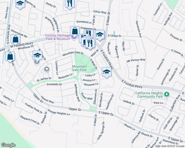 map of restaurants, bars, coffee shops, grocery stores, and more near 197 Lydia Lane in Corona