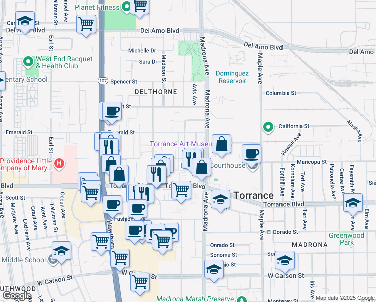 map of restaurants, bars, coffee shops, grocery stores, and more near 3471 Maricopa Street in Torrance