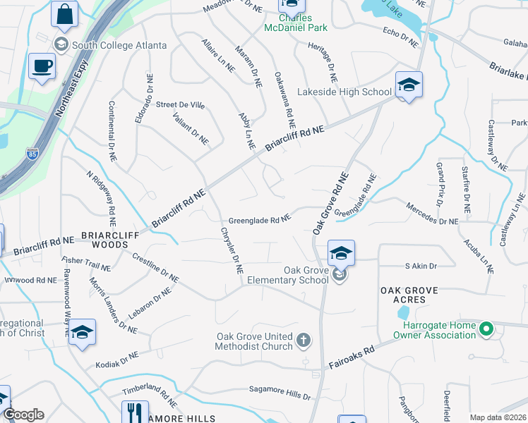 map of restaurants, bars, coffee shops, grocery stores, and more near 2322 Greenglade Road Northeast in Atlanta
