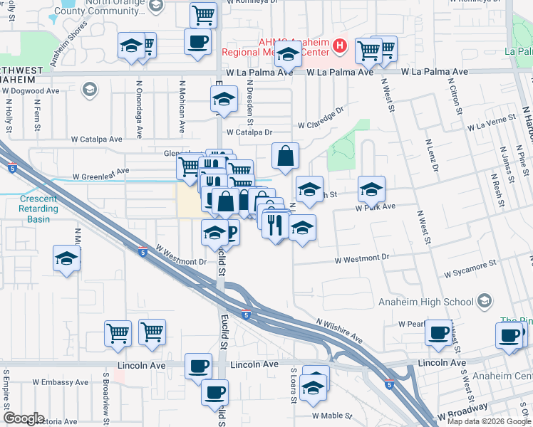 map of restaurants, bars, coffee shops, grocery stores, and more near 1619 West Crescent Avenue in Anaheim