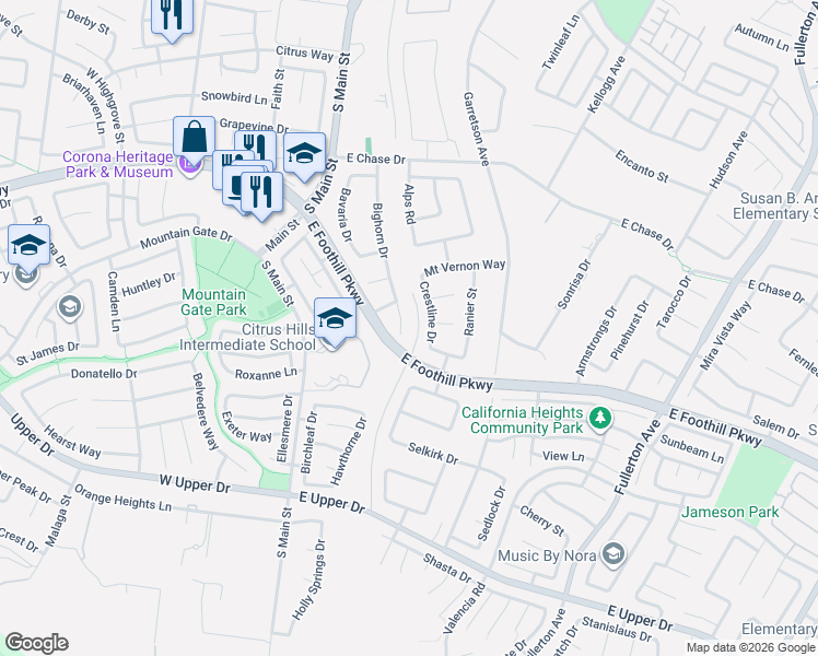 map of restaurants, bars, coffee shops, grocery stores, and more near 3255 Bighorn Circle in Corona