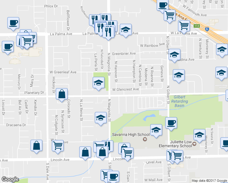 map of restaurants, bars, coffee shops, grocery stores, and more near 2574 West Glencrest Avenue in Anaheim